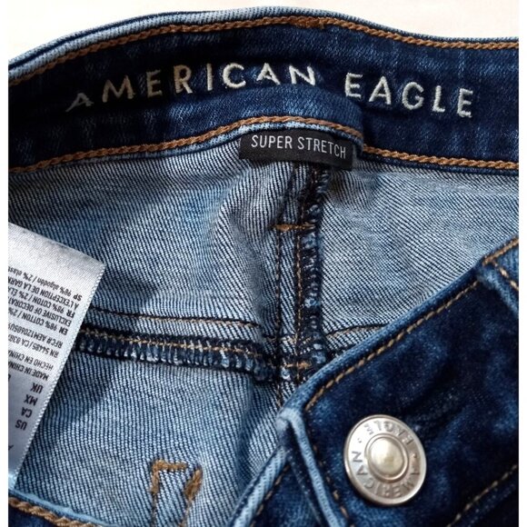 American Eagle Womens Super Stretch Deep Denim Jeans Stylish Rips Size 4 Short - Picture 4 of 9